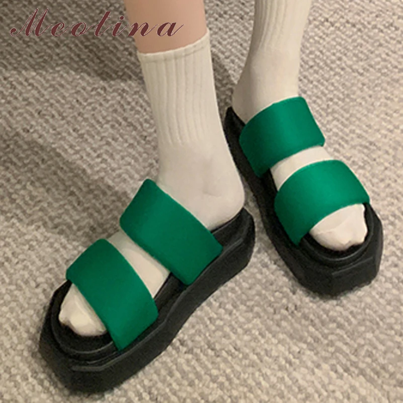 

Meotina Women Slides Square Toe Platform Slippers Flat Platform Mid Heels Sandals Ladies Fashion Shoes Summer Green Black 40
