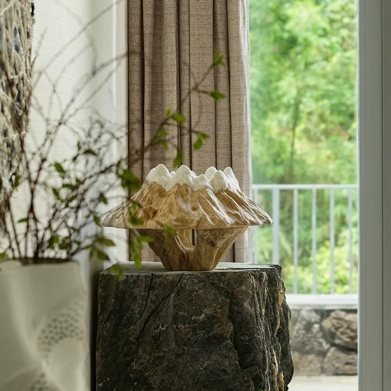 Z Hand Carved Wooden Mountain Sculpture Marble Base Abstract Landscape Art Decorative Indoor DisplayZ