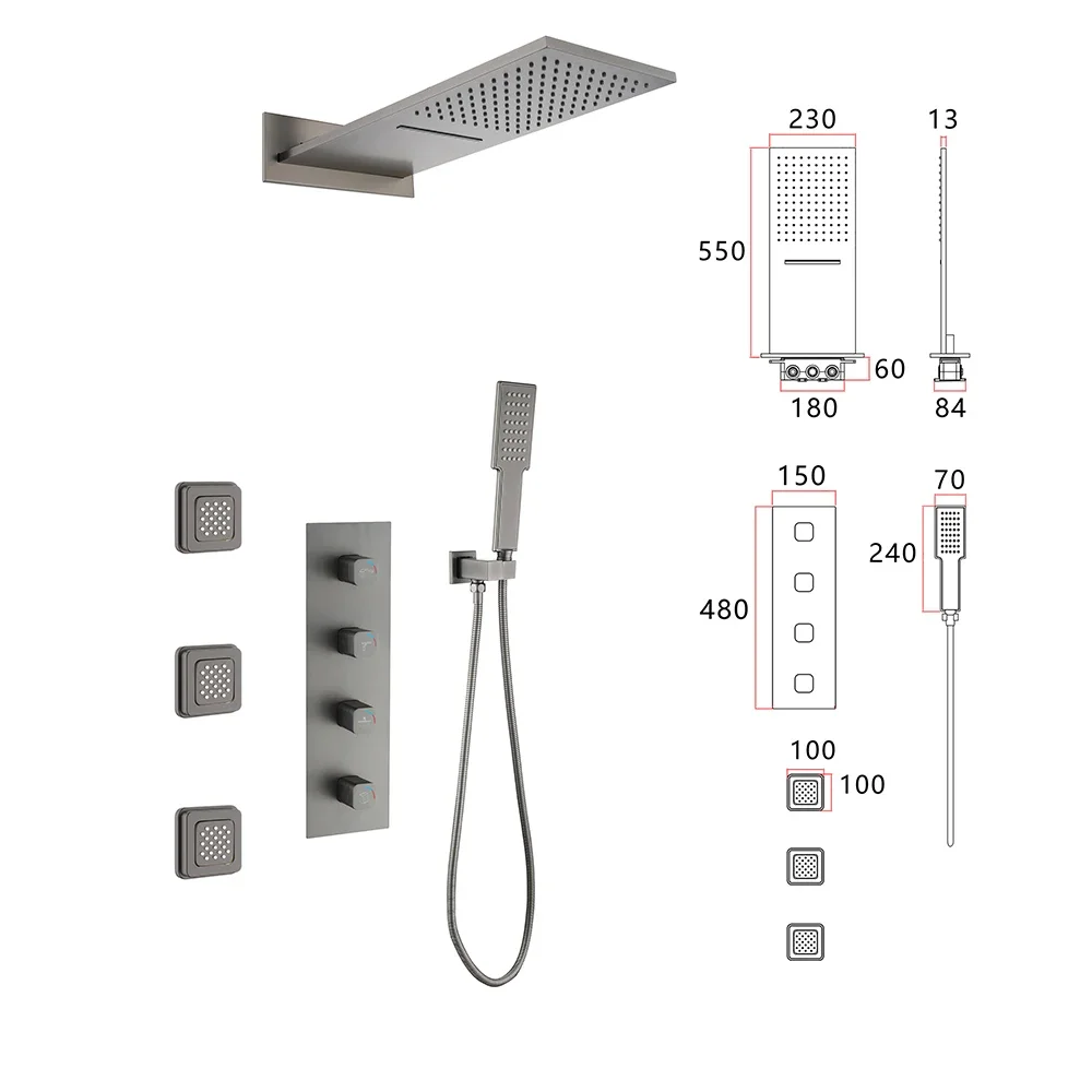 Built-in concealed shower set, bronze grey, four functions (hot and cold), with three side showers