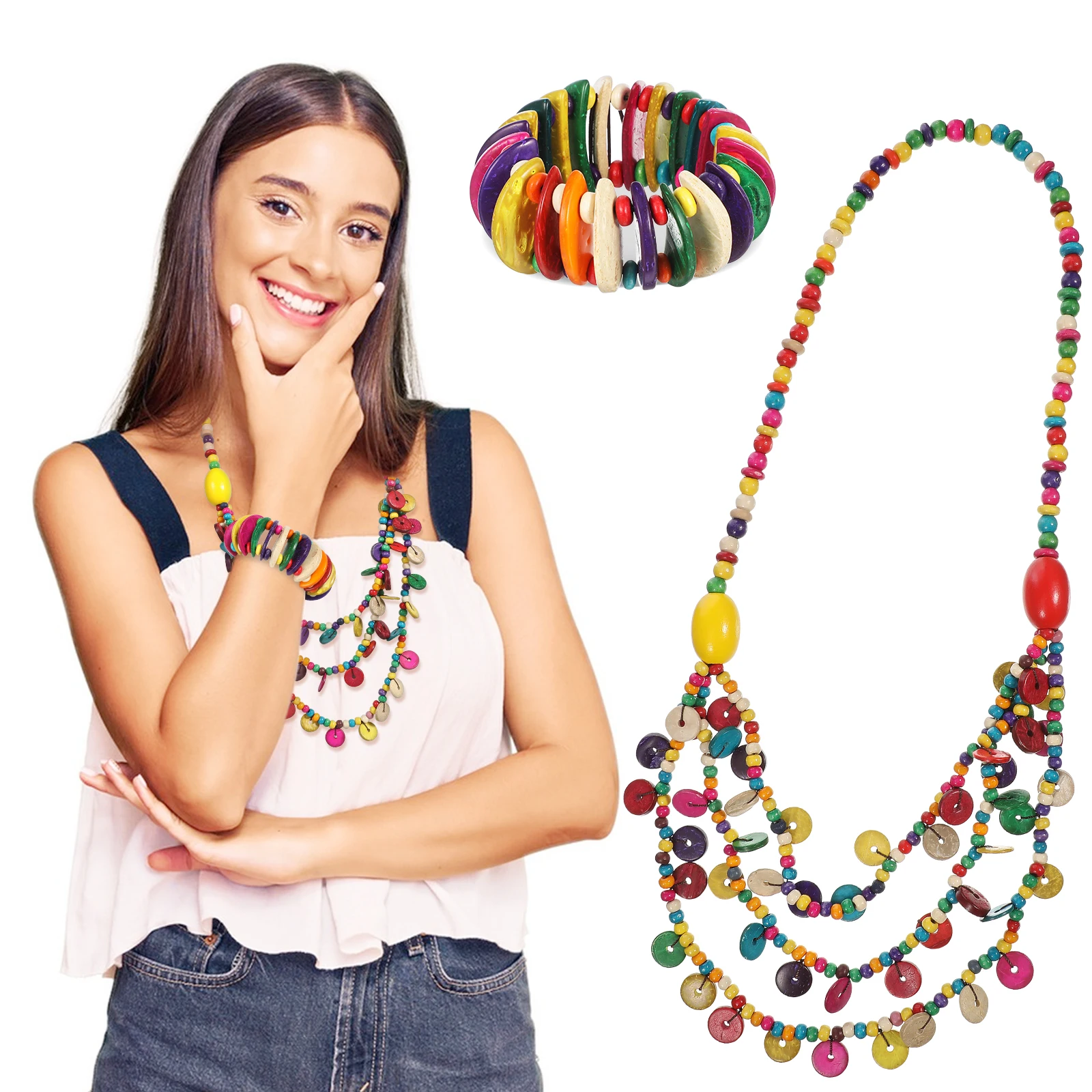 

Coconut Shell Necklace Bohemian Style Women Jewelry Set Summer Beach Travel Layered Beaded Bracelets Handmade Vintage