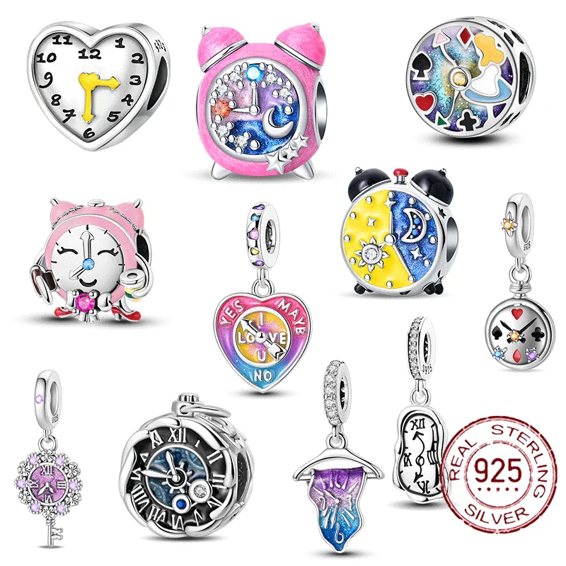 

Roman Numerals Clock Pendant Alarm Clock Beads Fit Bracelet Charms 925 Sterling Silver Original Jewelry Women Diy Accessories