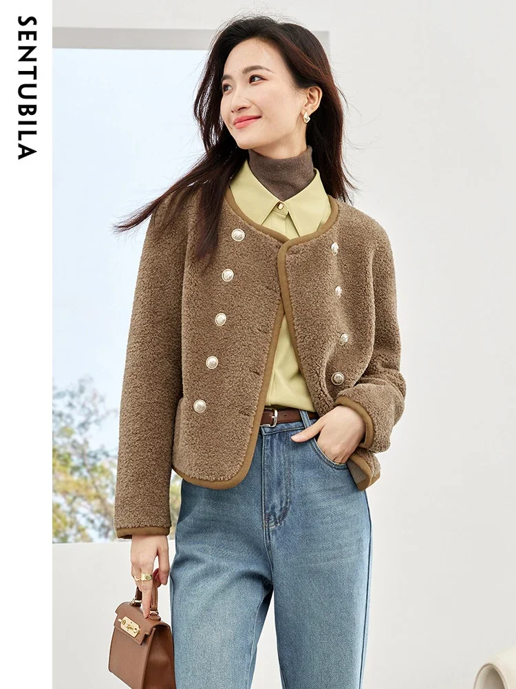 SENTUBILA Fur Integrated Fashion Coat for Women 2024 Autumn Winter Round Neck Faux Fur Coat Double Breasted Crop Top W44P58570X