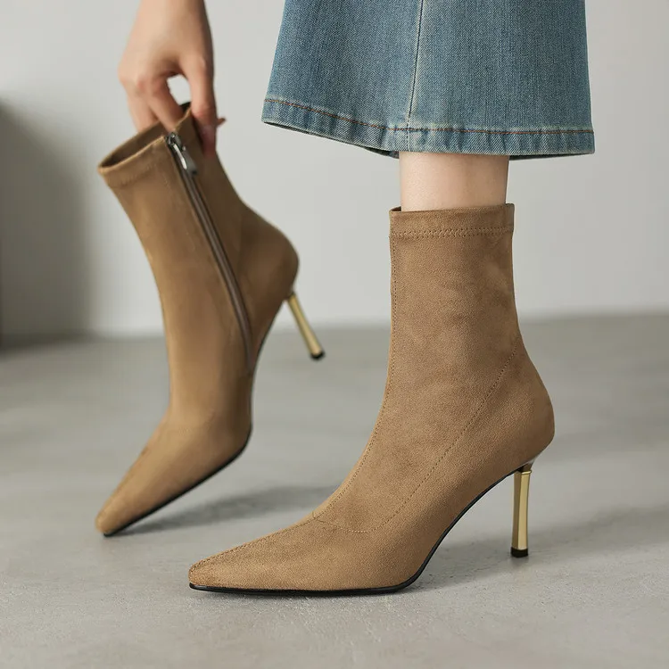 

Khaki Flock Women Autumn Ankle Boots Pointed Toe 8cm Iron Thin High Heels Stretch Short Botas Brown Lady Winter Botines Femmes