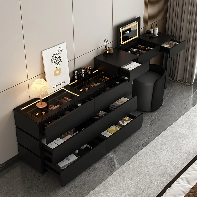 Dressing Table Light Flip Mirror Stool Vanity Table 6 Drawer Storage Organizer  Makeup Table Black Large Bedroom Furniture