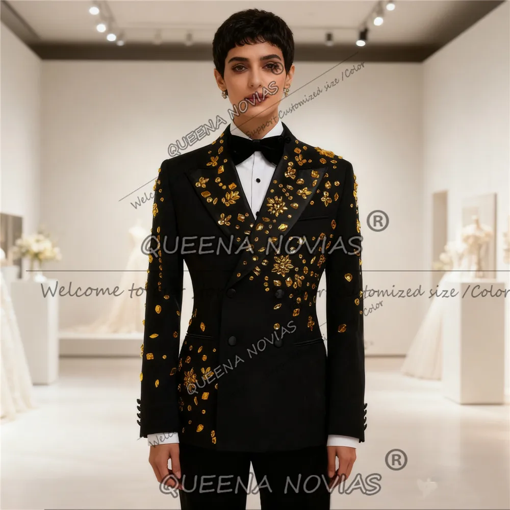 Exclusive Gold Diamond Beaded Suits Women 2 Pieces Double Breasted Jacket Pants Customized Bride's Mother Dress Wedding Tuxedos
