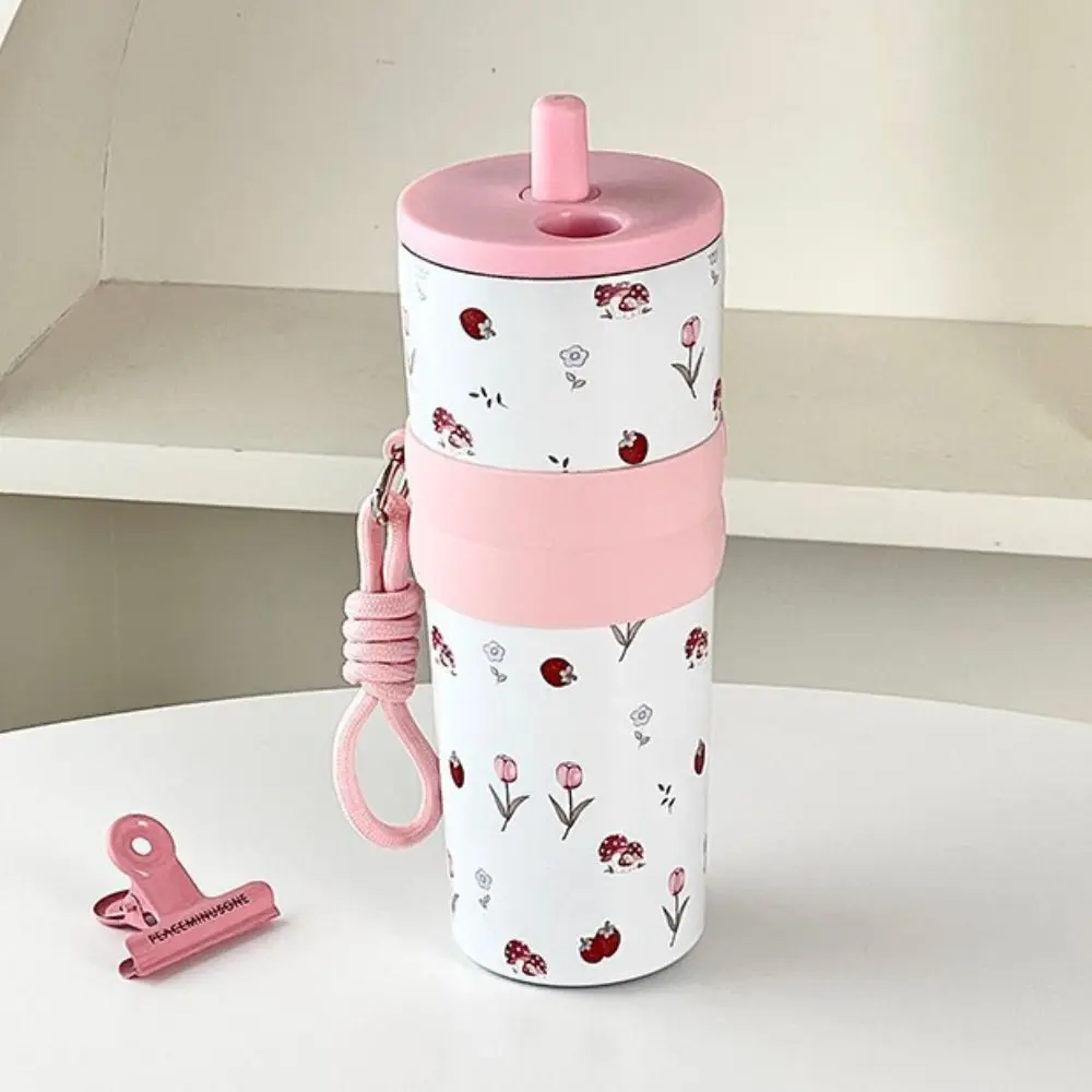 

With Straw Insulated Water Bottle with Lifting Rope 316 Stainless Steel Portable Insulation Cup 710ML Portable Thermal Cup