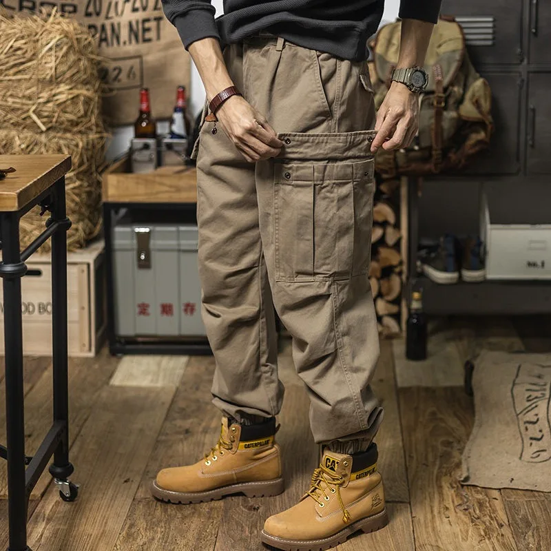 

Мужские рабочие брюки из чистого хлопка с завязками на щиколотках, свободные повседневные брюки, плотные и модные, в американском классическом стиле, прямые брюки-галифе.