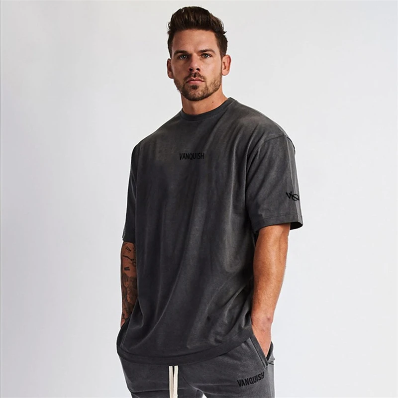 Loose men\'s T-shirt summer casual cotton round neck short sleeve T-shirt top fashion jogger running exercise fitness sportwear