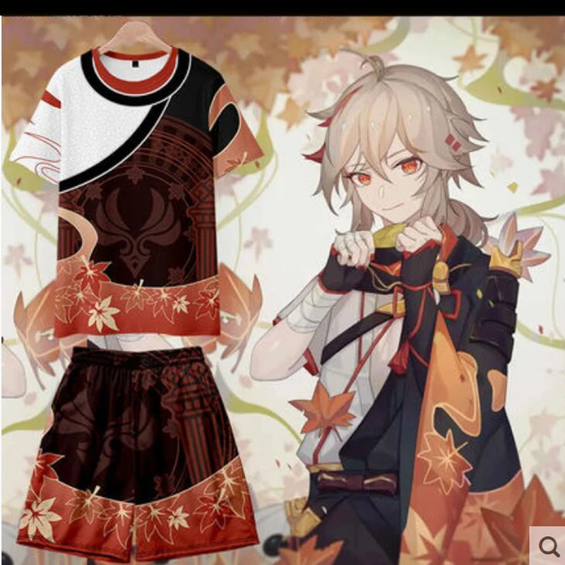 Genshin Impact Kaedehara-traje de Cosplay de Kazuha, camiseta de manga corta con estampado 3D y pantalones cortos, conjunto de dos piezas, chándal informal para hombre