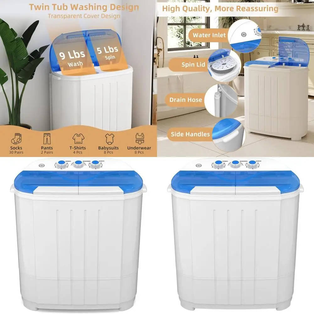 

Компактная полуавтоматическая стиральная машина с двумя баками (14 фунтов), с функциями стирки (9 фунтов) и отжима (5 фунтов) для квартир, общежитий и автодомов