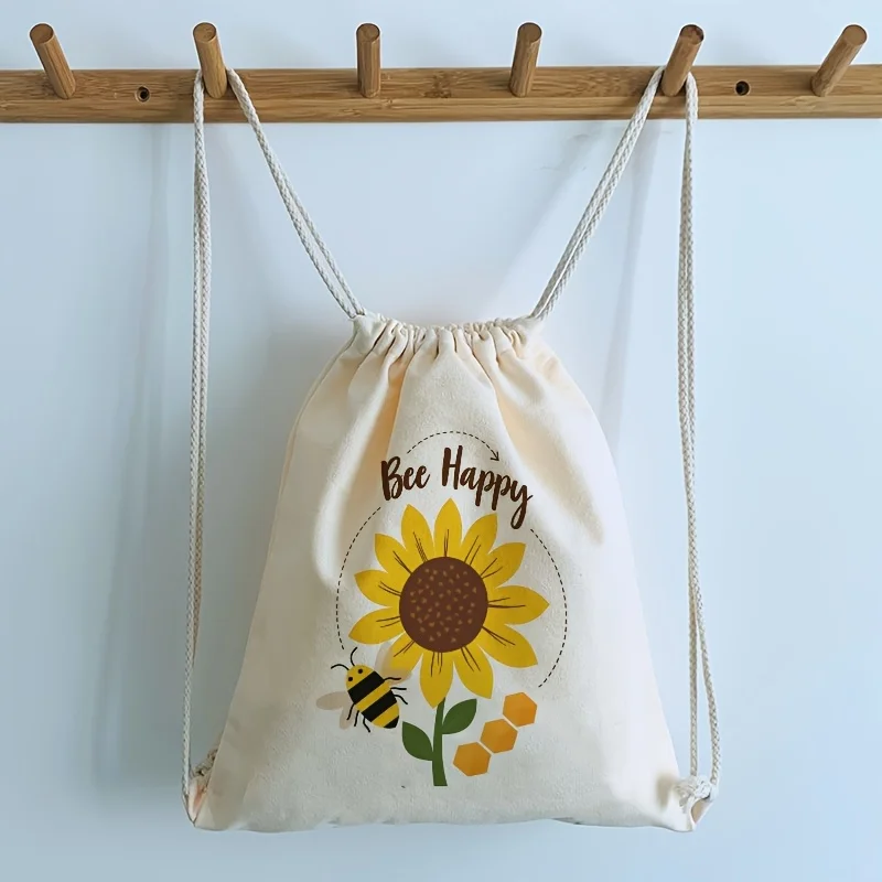 

1pc Cute Bee Sunflower Print Backpack - Stylish Cloth Drawstring Backpack, Suitable for Daily Travel and Sports Use for Women