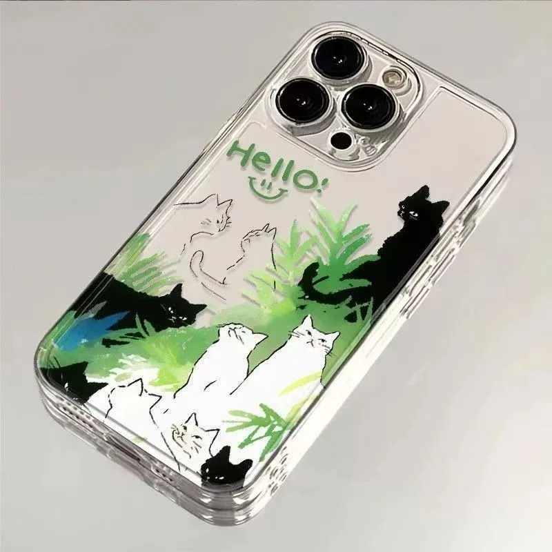 Cute Kawaii Hand Drawn Cat Grass Case For Samsung S20 S21 S22 Plus S23 S24 FE S25 Note 20 Ultra A15 A16 A23 A24 A25 5G Cover