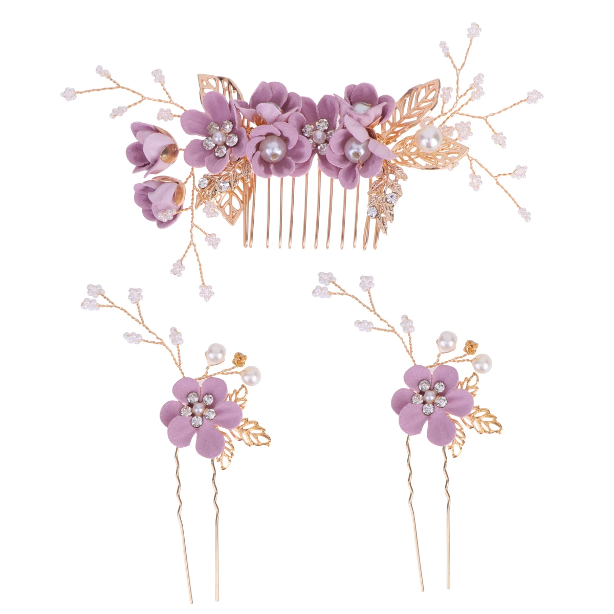

3pcs Wedding Headpiece Bridal Hairpin Artificial Flower Hair Comb Set For Bride Party Prom Decoration Purple Hair Accessories