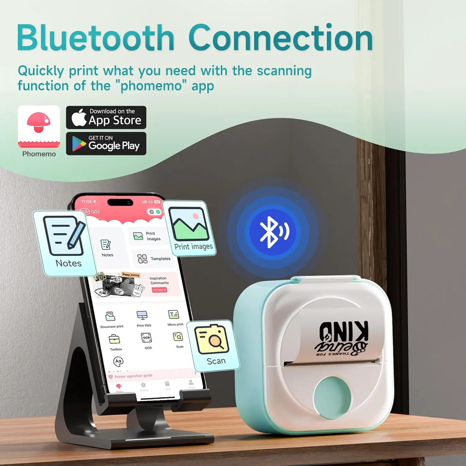 Q02 미니 열전사 스티커 프린터, 블루투스, 1롤 용지, DIY 스티커, 메모, 선물