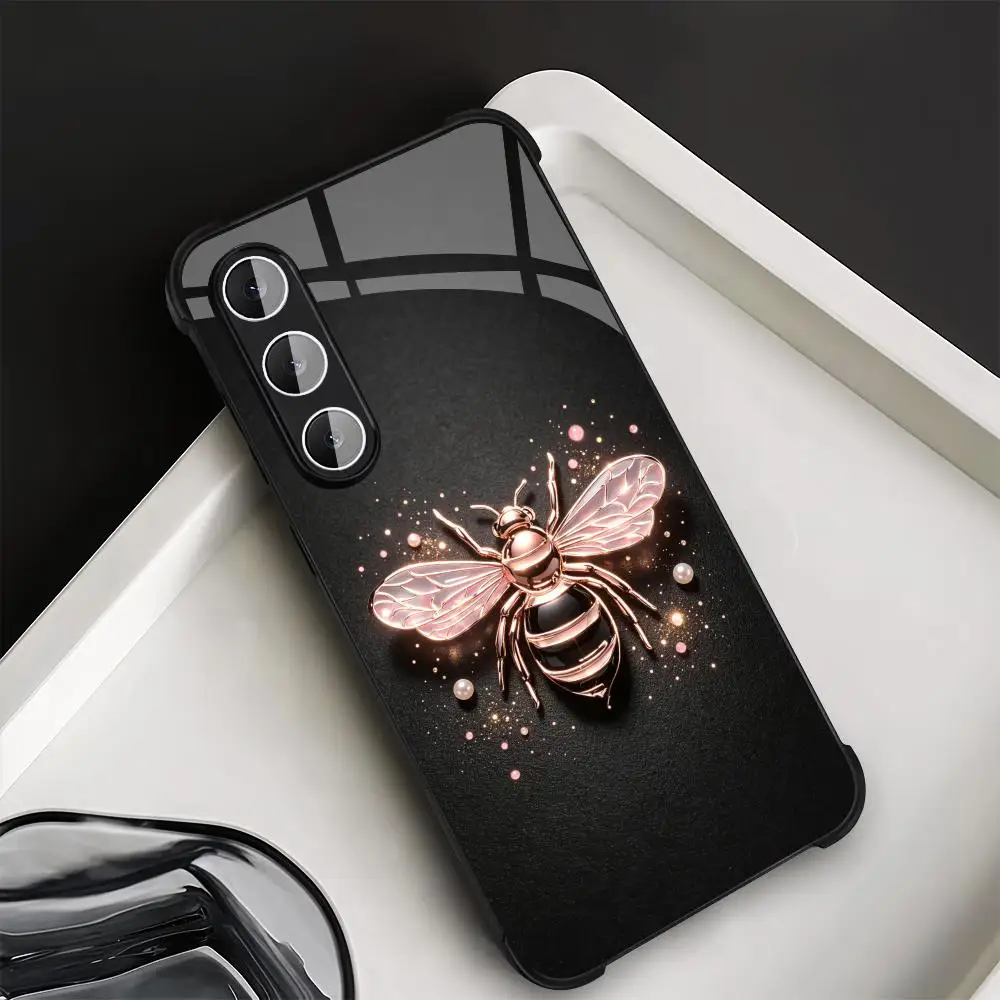 Rose Gold Bee Black Matte Fashion Exquisite glass phone case for Samsung Galaxy S26 S25 S24 S23 S22 FE,Ultra,Plus Dropresistant