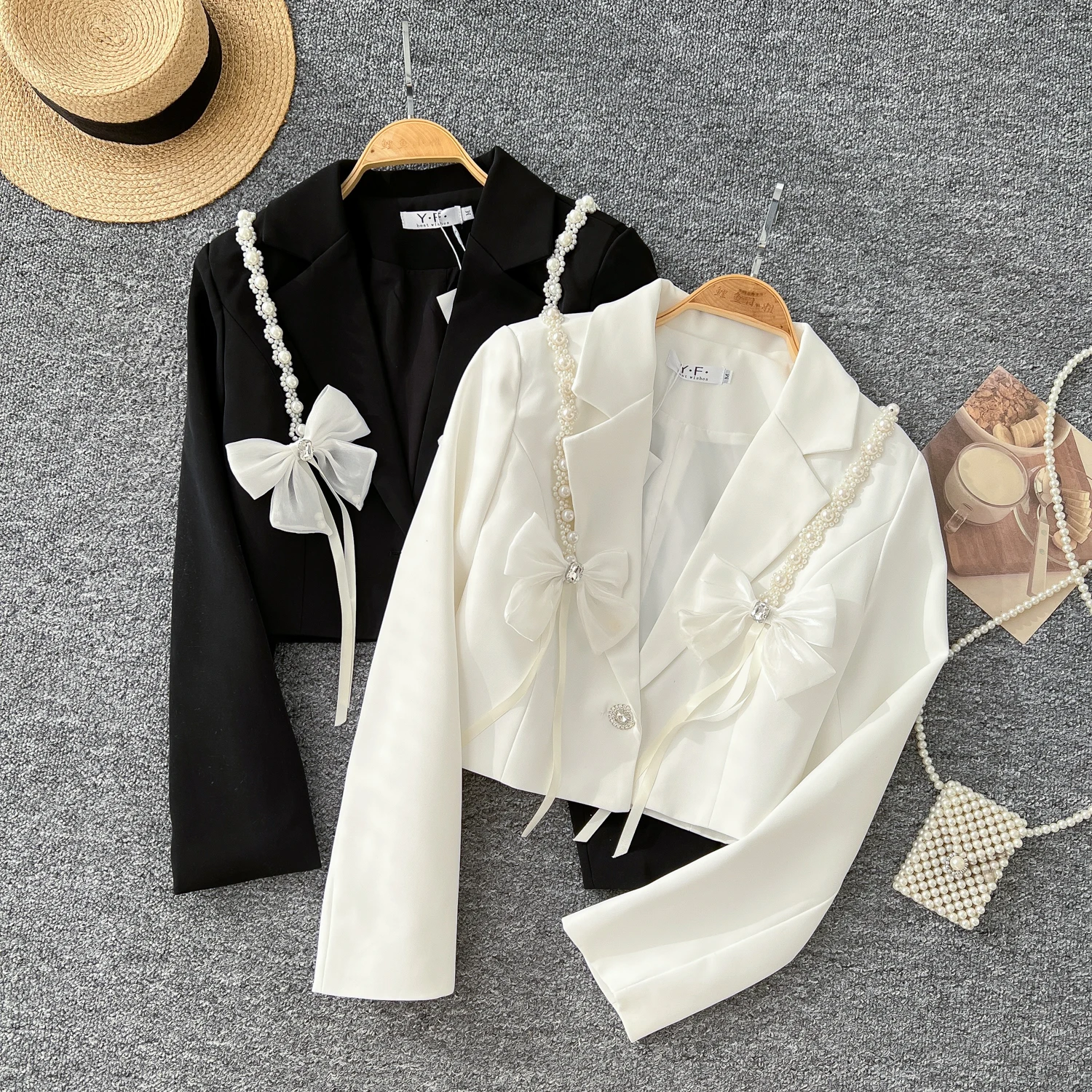 Chic Notched Basics Long Sleeve Elegant Embroidered Bead Butterfly Loose Coat French Streetwear High Street Autumn Winter Top