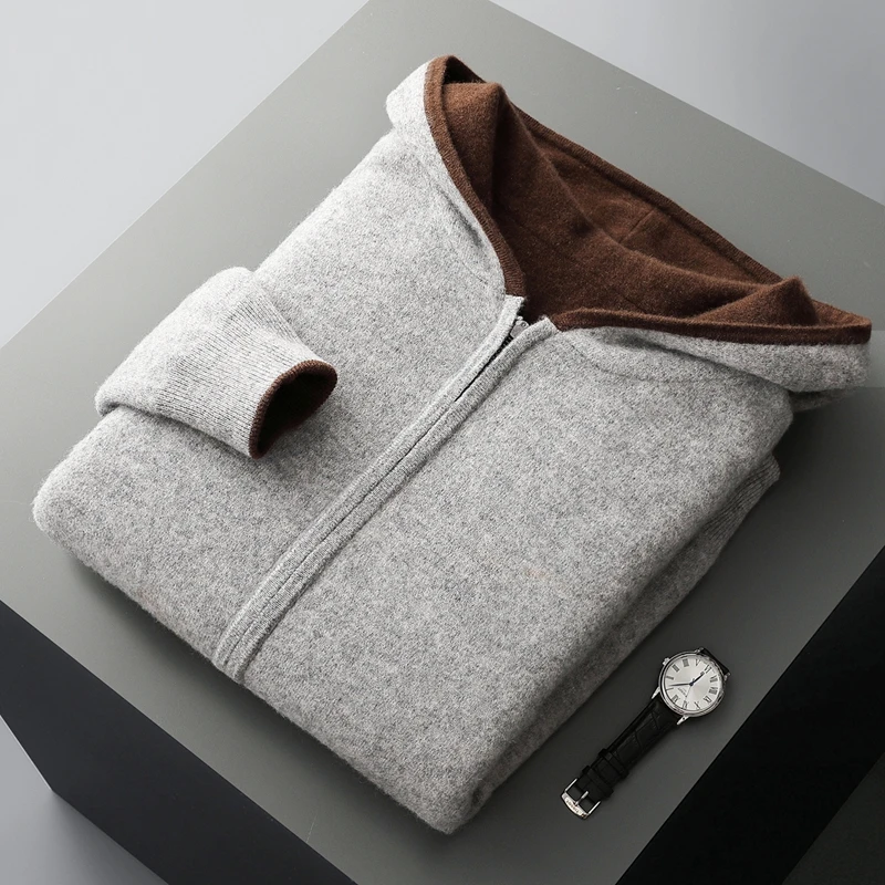 

Толстый мужской кашемировый свитер с капюшоном на молнии, кардиган, осень-зима, 100% кашемировый трикотаж, двусторонняя одежда, теплый мягкий топ с карманами