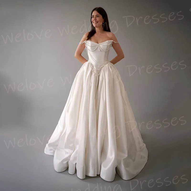 Romantische A-Linie Brautkleider für Damen, schulterfrei, Vestidos De Novia, individuelle Brautkleider, Perlen, ärmellos, Hochzeitskleid