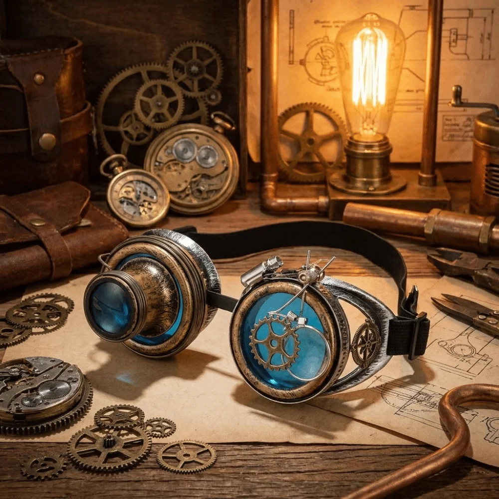 Colored Lenses Steampunk Goggles Side Magnifier Detachable Lens Cosplay Glasses Distressed Frame Exquisite Costume Prop