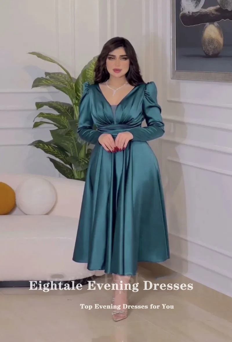 Eightale Short Evening Dresses V-Neck Satin Long Sleeves Customized A-Line Arabic Prom Wedding Party Gown Vestido De Fiesta