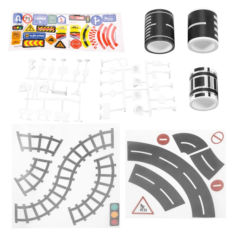 Jogar fita de estrada para carros e trens de brinquedo 3 rolos 4,8 cm x 5 m sinais de trânsito de pista curva reta - presentes para crianças