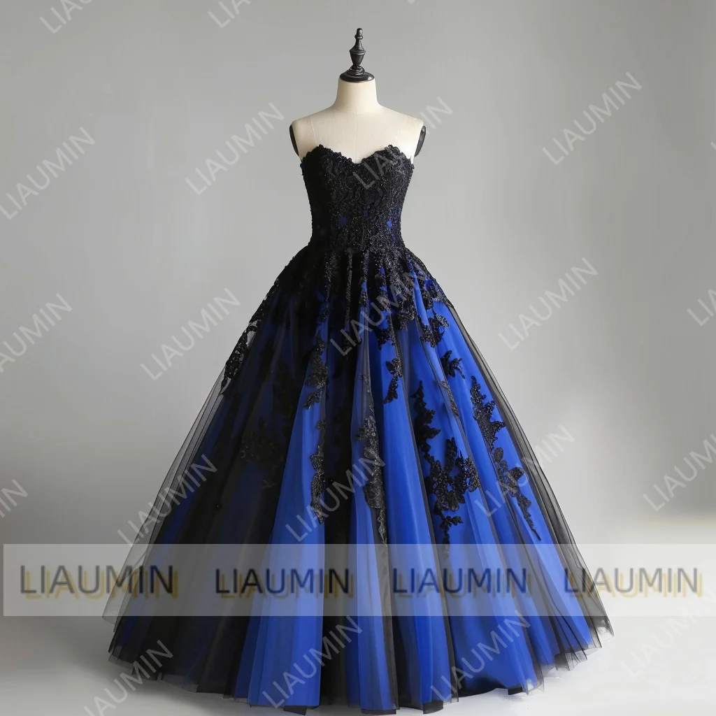 Hand Made Blue And Black Lace Applique Prom Dress Elegant Strapless Lace-up Evening Prom Stunning Dresses Customized W11-9