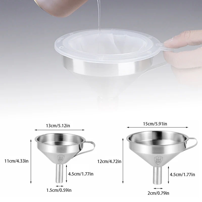 Embudo de acero inoxidable con filtro de nailon de malla 100/120/200/300/400/450 para fruta, leche, medicina tradicional china, aceite, vino blanco