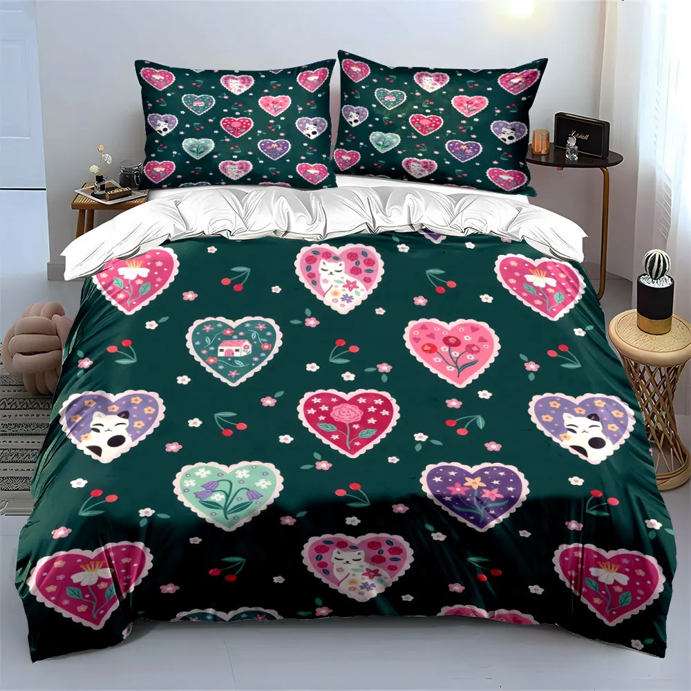 Romantic Heart Floral Decor Set Soft Skin-Friendly Bedding Set Includes 1 Duvet Cover And 2 Pillowcase, Gift