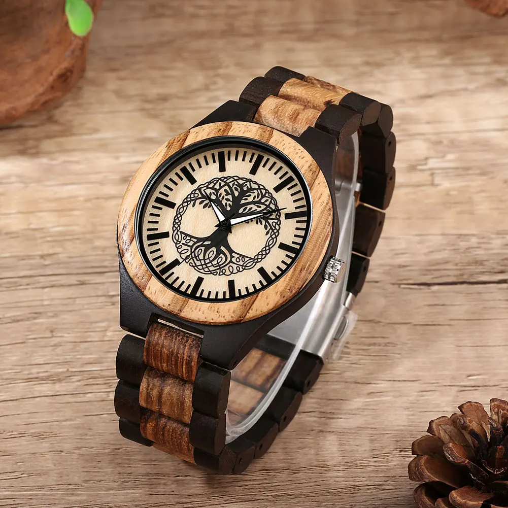 Cuộc Sống Cây Hoa Văn Gỗ Mun Zebrawood Nam Đồng Hồ Thạch Anh Dây Thép Không Gỉ Khóa Gấp Full Vòng Tay Gỗ Đồng Hồ Đeo Tay Nam