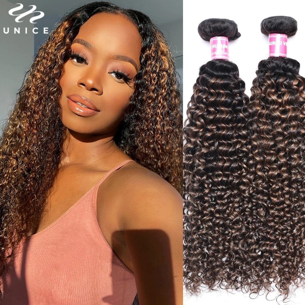 Unice Hair Balayage Highlight Curly Hair Bundles 1/3/4 PCS Deal Pre Colored 100% Human Hair Bundles Sew In Bundles Quick Weaves