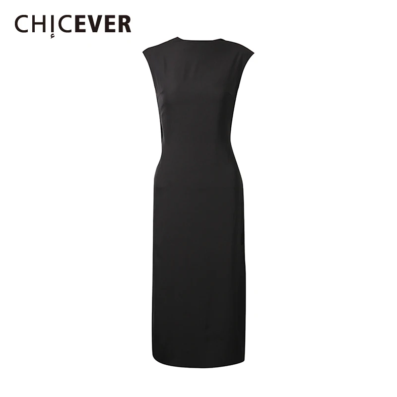 CHICEVER Black Spliced Metal Decoration Dress Female O Neck Sleeveless Loose Elegant Intellectual Women's Dresses Summer Fashion