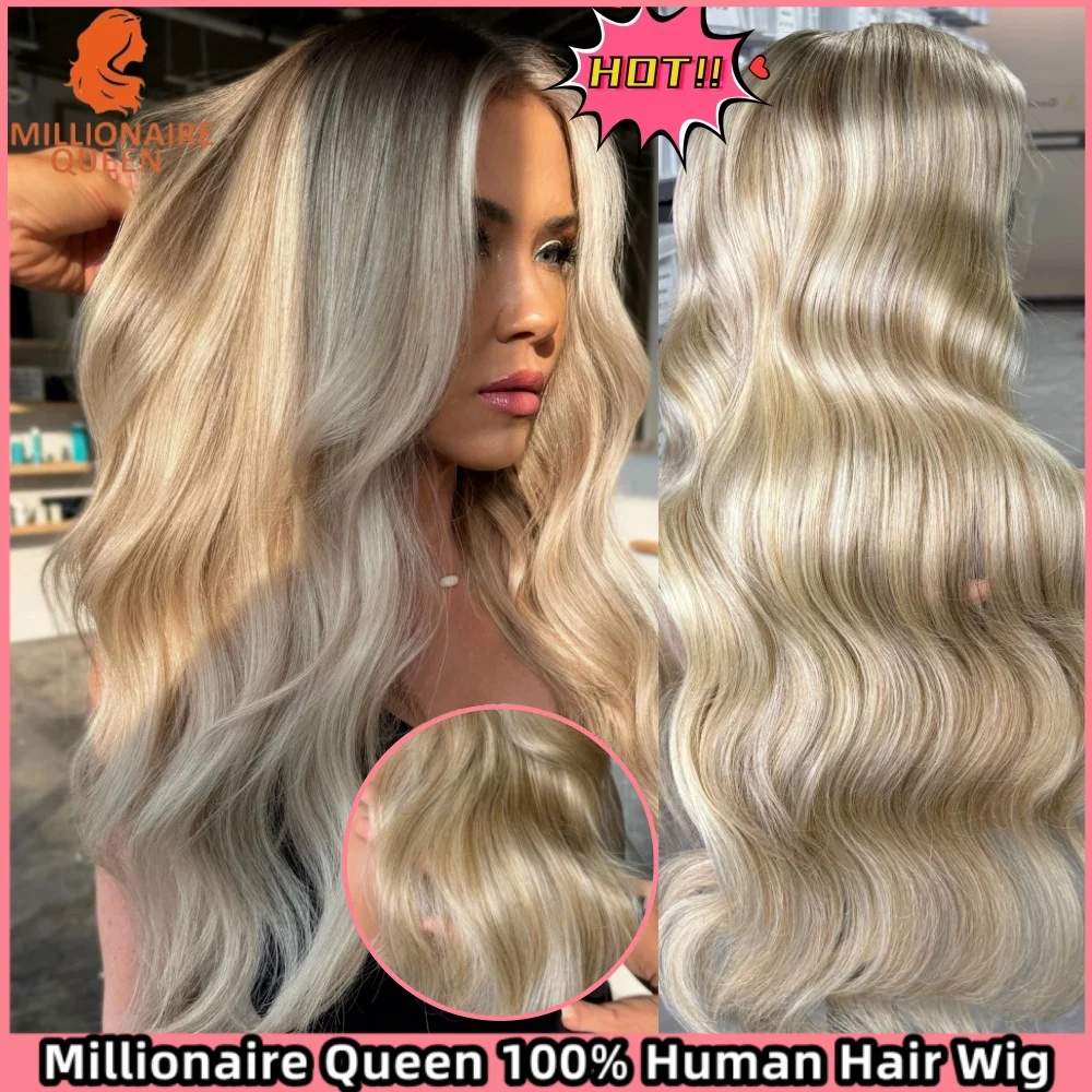 

#8 60 Ash Blonde Ombre 613 Wig Body Wave Highlight Wig 13x6 Lace Frontal 100%Human Hair Glueless Wig For Woman Millionaire Queen