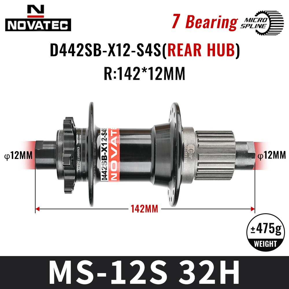 Novatec Bicycle Hubs D041/D442SB MTB Bike Hub CR-MO Steel Freehub Cassette 7 Bearings 12S Micro Spline 12 Speed 32 Holes