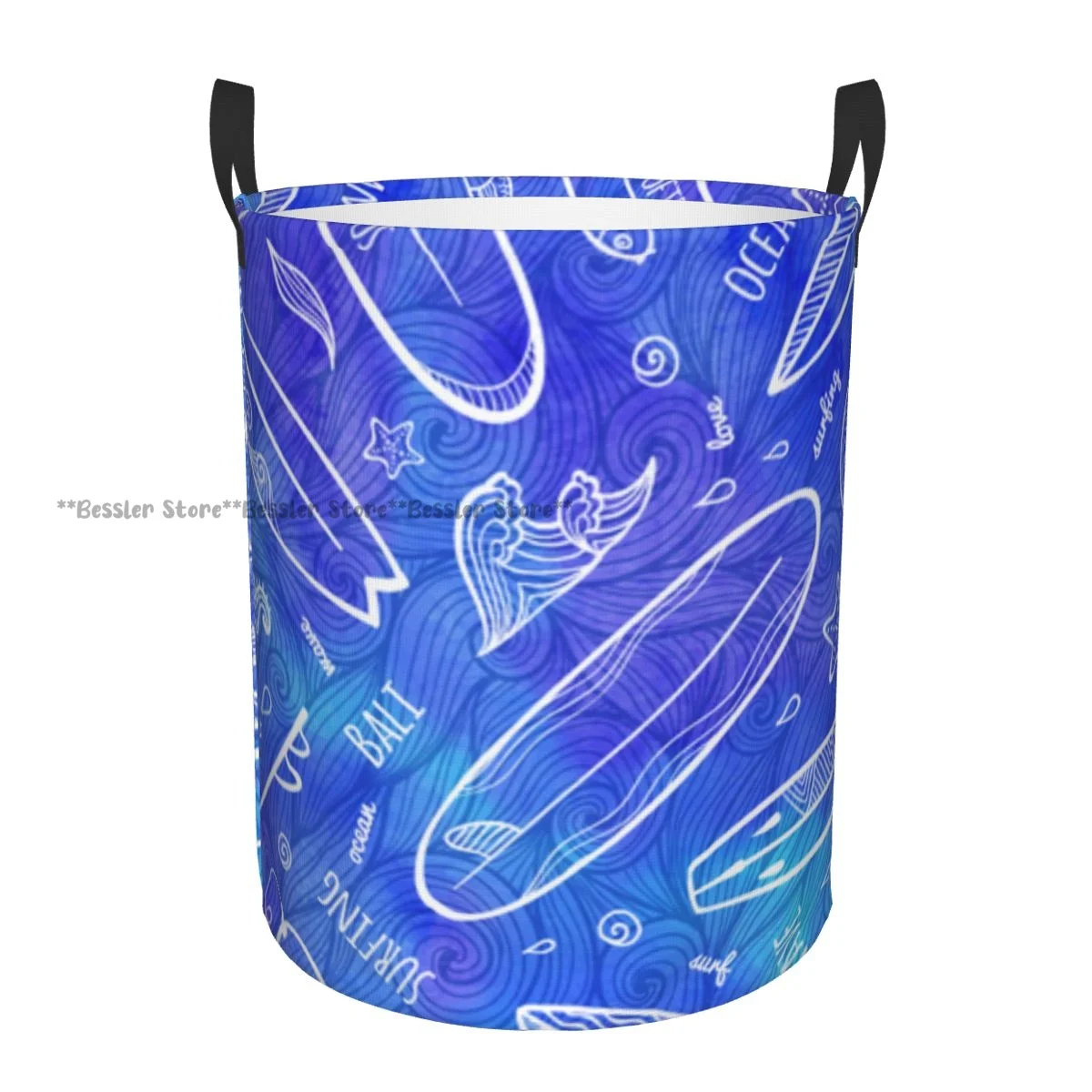 Blue Watercolor Doodle Surfing Boards Pattern Laundry Basket Folding Dirty Clothes Toys Storage Bucket Household