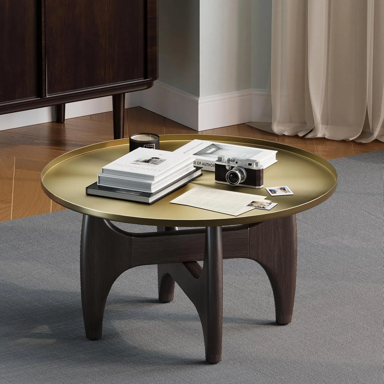 

29-Inch Round Solid Wood Coffee Table, Mid Century Center Table with Circle Brushed Metal Gold Top and Dark Walnut, Customized