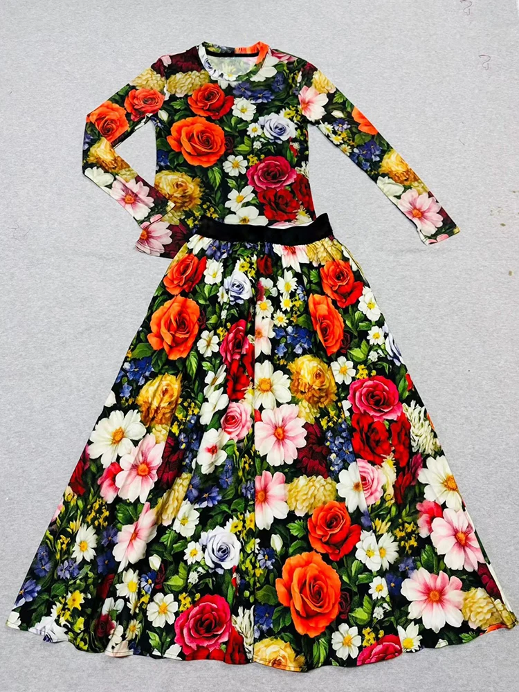 2025 الخريف المرأة الرجعية المطبوعة محبوك شبكة طويلة الأكمام تي شيرت قطعتين مجموعة مرونة الخصر فضفاض نصف تنورة مجموعة الموضة