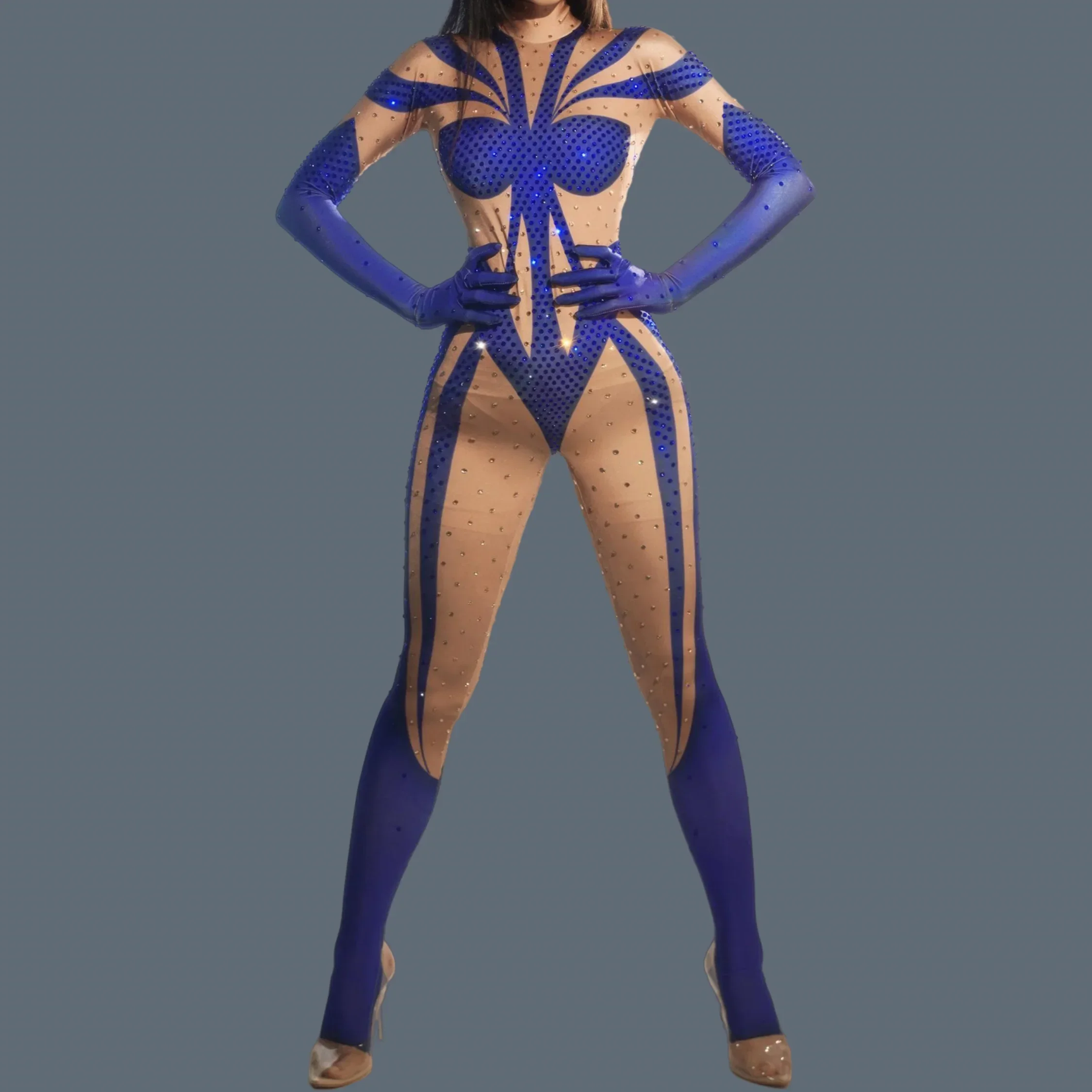 

Rhinestones Spandex Jumpsuit Diamond Women Nightclub Dance bodysuit Costume Female Stage Performance Skinny Jumpsuit Wenzi