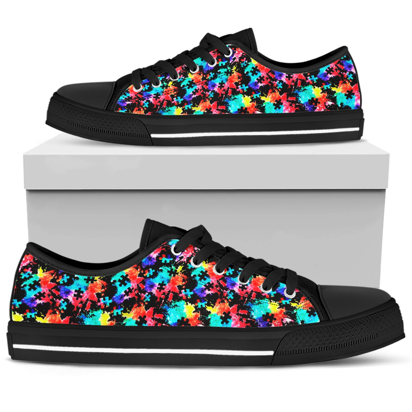 ELVISWORDS Autism Awareness Black Women's Low Top Graffiti Puzzle Print Canvas Shoes Lightweight Flat Shoes Zapatos Mujer