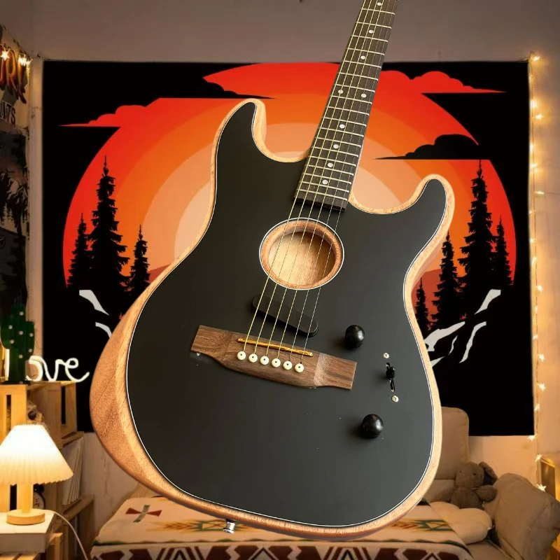 Hot sale Matte Black Hybrid Acoustic  Guitar Sound Hole Design Single Pickup Volume Tone Control Stage Performance Guitar