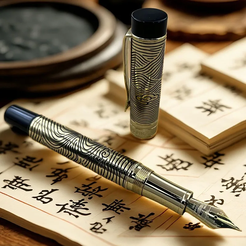 

Penchen Brass Fountain Pen Gold/Silver Blade 0.5F Nib for Journaling Scrapbooking Art Stationery Engraved Pocket Design Portable