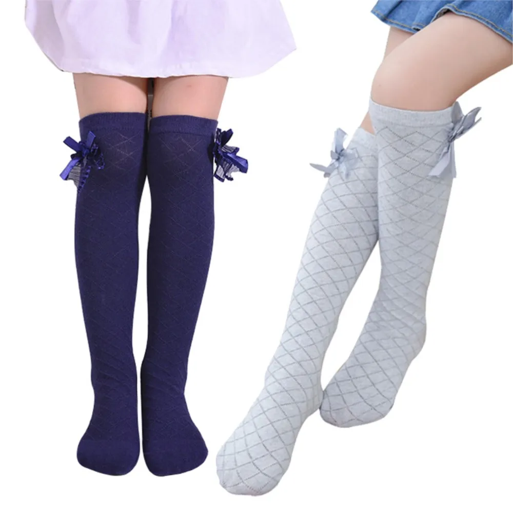 

Girls Socks Knee High Bowknot Plaid Style Children Kids Causal Elastic Socks Solid Colors for 3-12 Years Girls knee high sock