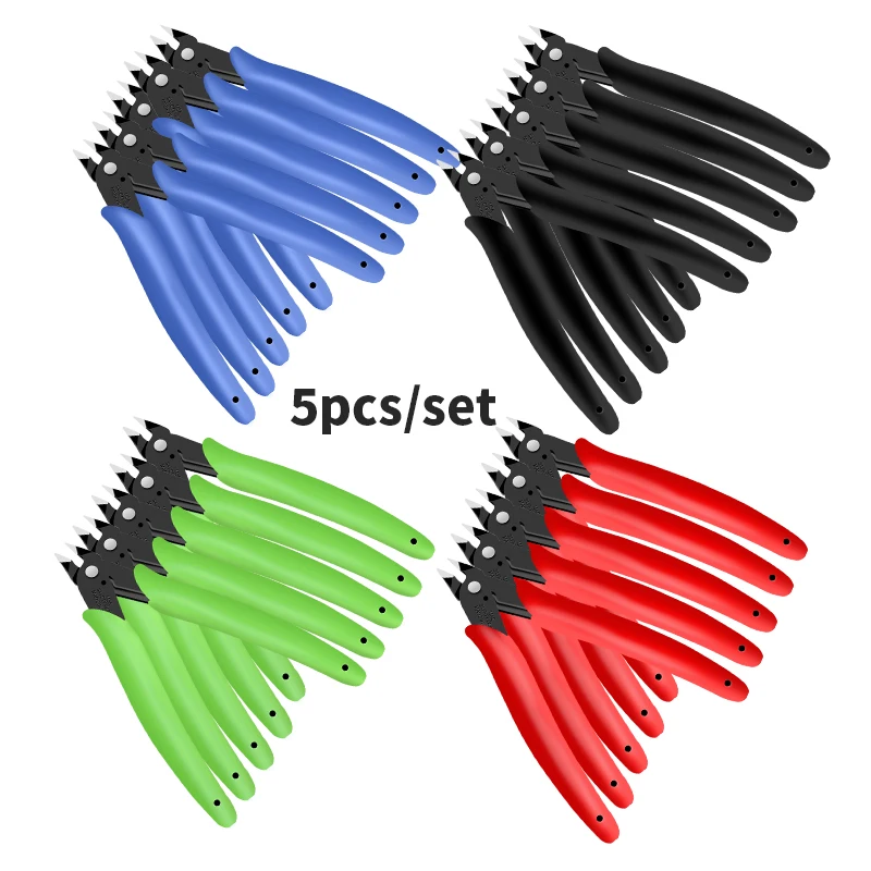 5 Inch Model Nippers Diagonal Side Cutters Plastic Handle Electronic Wire Cutting Pliers Precision Flush Cut Clippers 5pcs/set