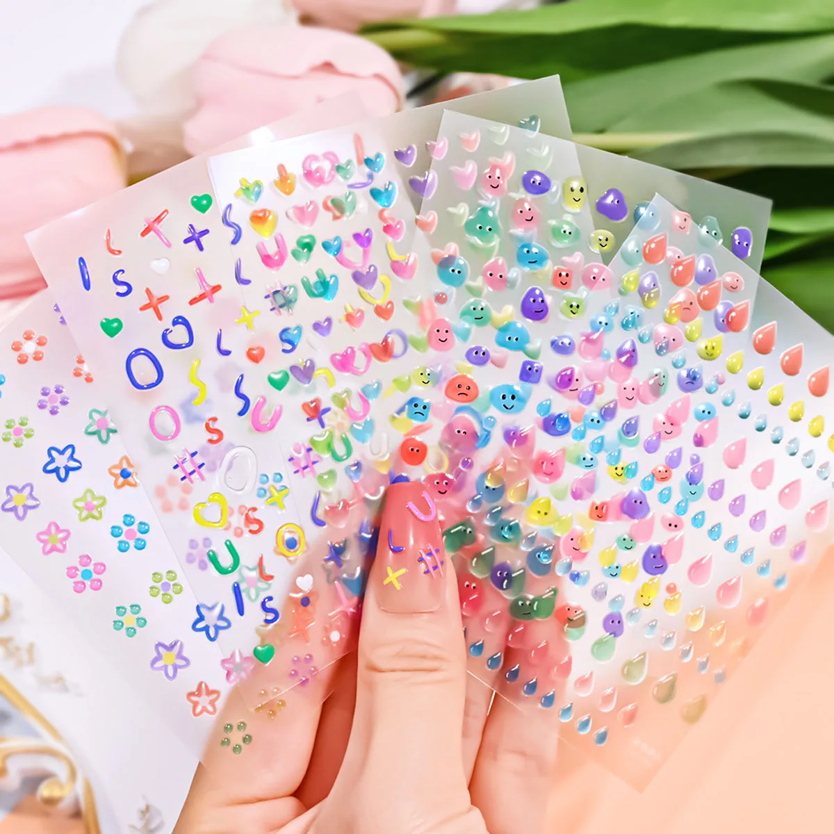 16Pcs/Set Colorful Jelly Bean Nail Art Sticker 5D Cute Funny Line/Flowers/Heart Nail Decals Adheisve Jelly Bean Manicure Sliders