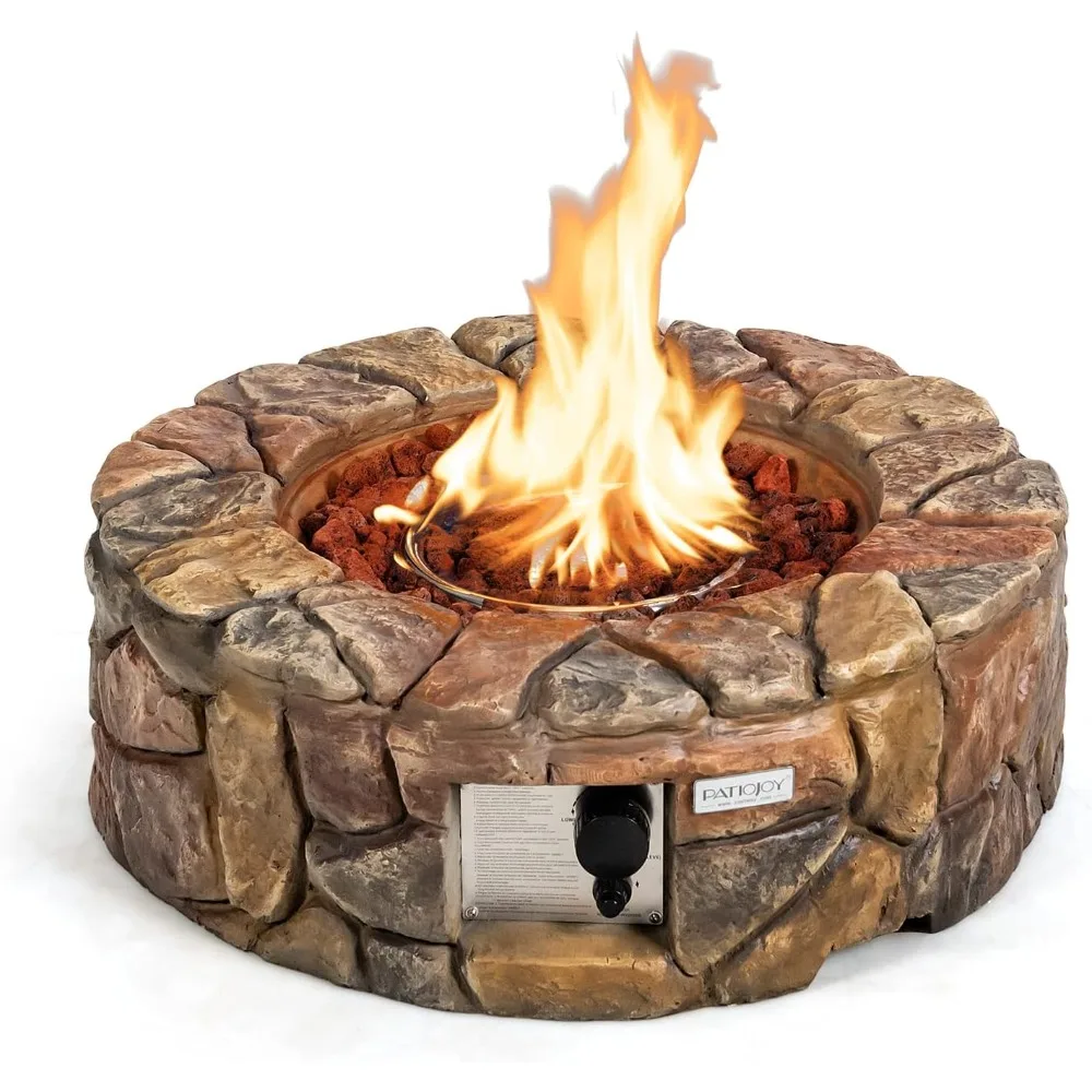 

28 Inch Round Propane Gas Fire Pit, Patiojoy 40,000 BTU Stone Look Outdoor Propane Fire Pit with Lava Rocks & PVC Cover, Faux S