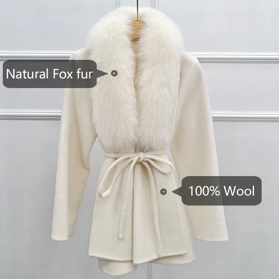 Nuovo cappotto in cashmere da donna misto lana vera pelliccia di volpe finiture giacche in pelliccia naturale abiti di lusso giacca in lana di cashmere