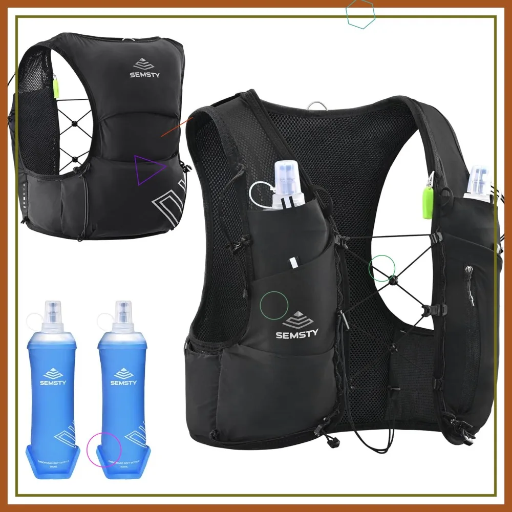 

5L Running Hydration Vest with 2x500ml Soft Flasks, Lightweight Reflective Backpack for Trail Running Hiking Cycling