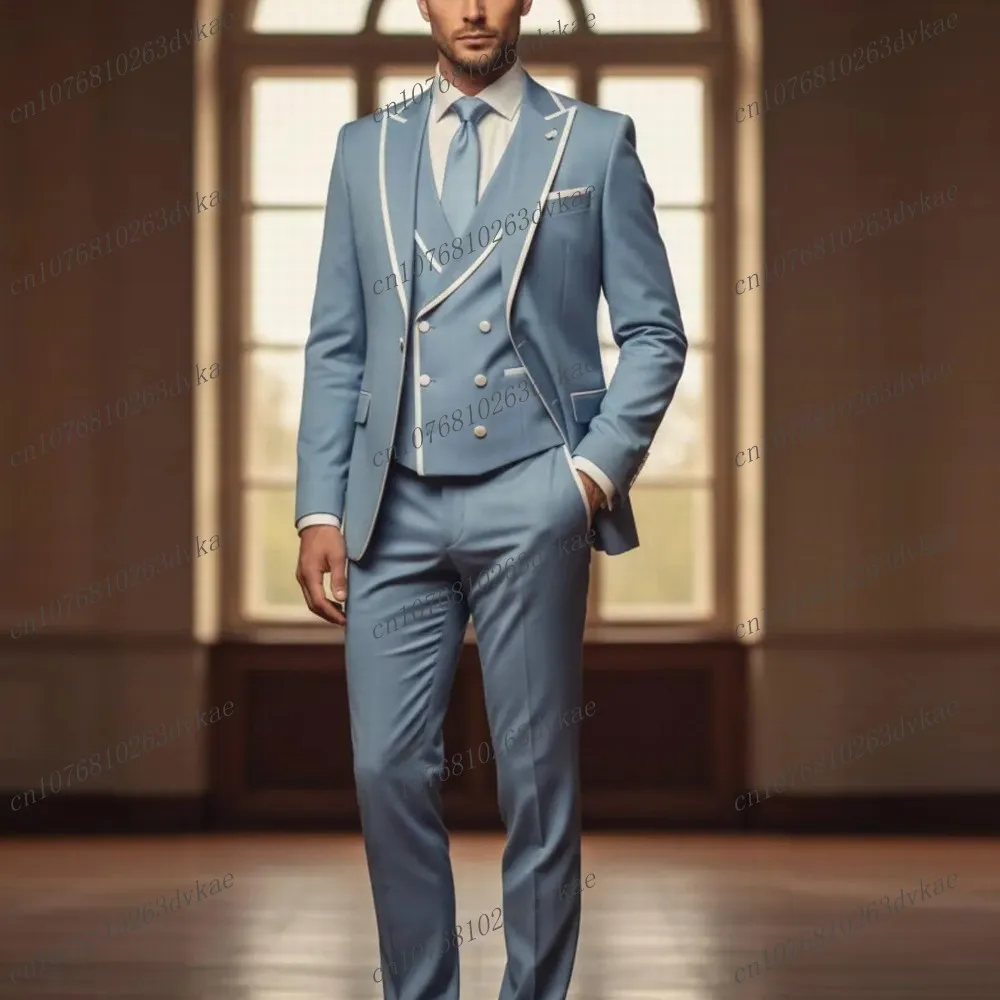 

White And Sky Blue New Men Suit Wedding Party Formal Groom Groomsman Prom Business Male Tuxedos 3 Piece Set Jacket Vest Pants