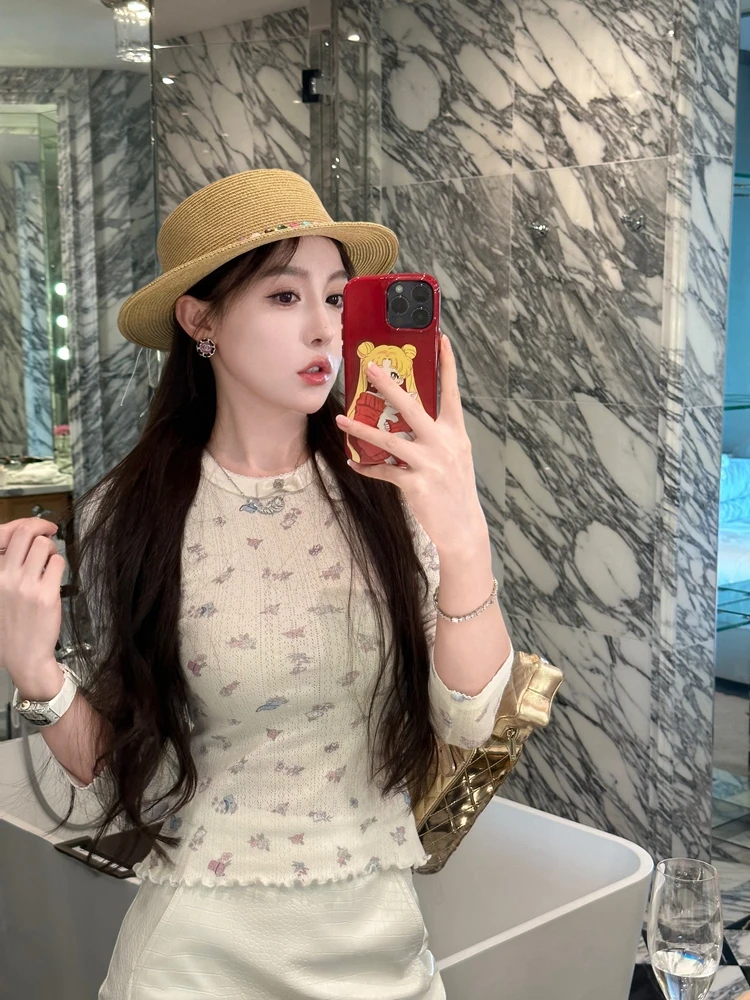 

Pure Desire Spring Summer Knitted Floral Print ort Sve Long Sve T-irt Casual Sle Knot Hollow out Ladies...