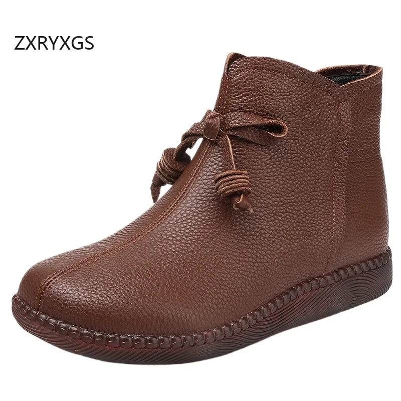 ZXRYXGS Top Layer Cowhide Women Leather Boots Flat Single Shoes Woman New 2024 Large Size Boots Winter Warm Shoes Comfort Boots