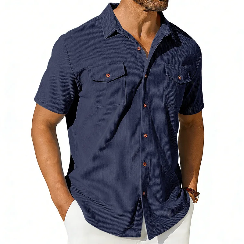 

Мужская вельветовая рубашка с коротким рукавом, повседневная блузка на пуговицах с двойным карманом и воротником, несколько цветов